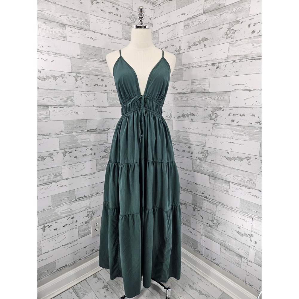 Young Fabulous and Broke Boho Empire Waist Plunge Green Maxi Dress Women M